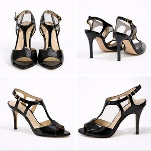 Charles David Black Patent T-Strap Peep Toe Heels 4.5” Stiletto Size 8